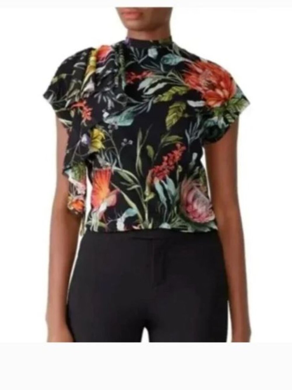 Fuzzi Mesh  Blouse Sleeveless Black Floral Tropical Side Ruffle High Neck Sz S